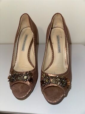Vera Wang Metallic Brown Jeweled Peep-Toe Heels